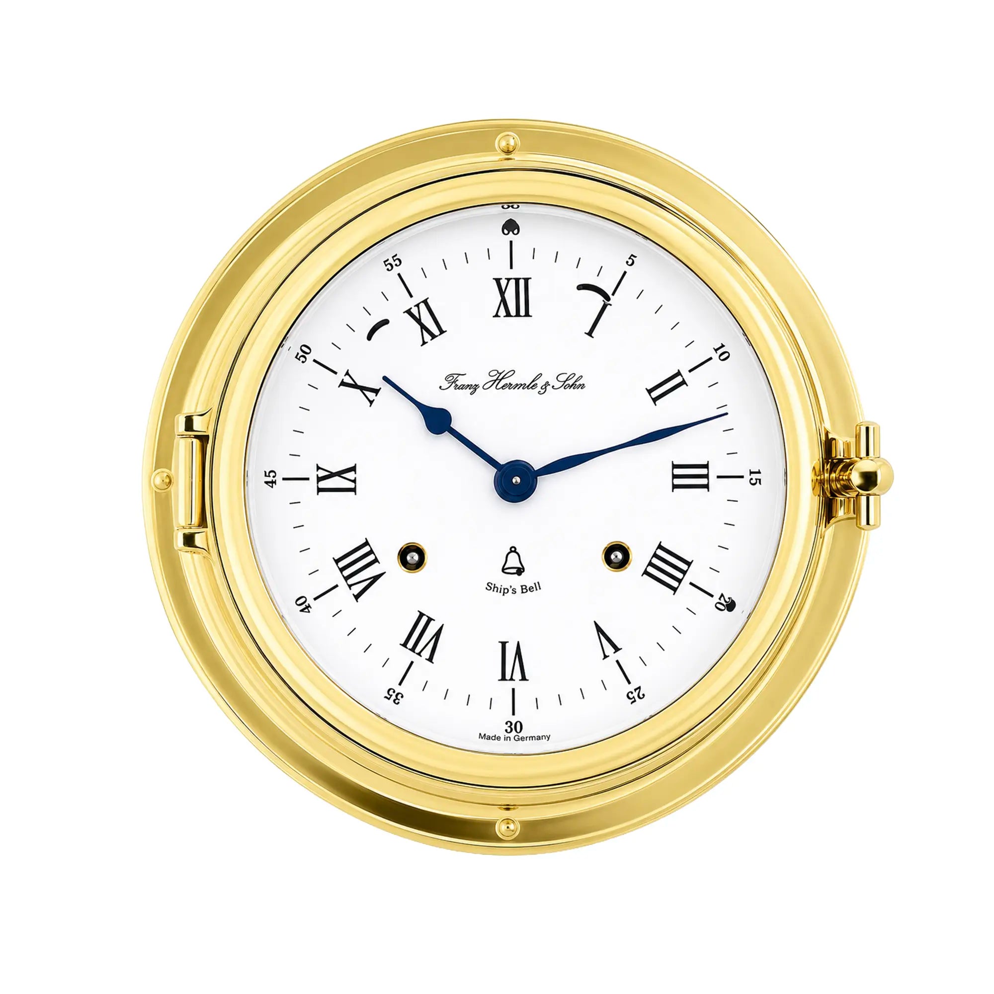 Orologio da parete rotondo con cornice in ottone, quadrante bianco e lancette blu, numeri romani.