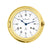 Orologio da parete rotondo con cornice in ottone, quadrante bianco e lancette blu, numeri romani.