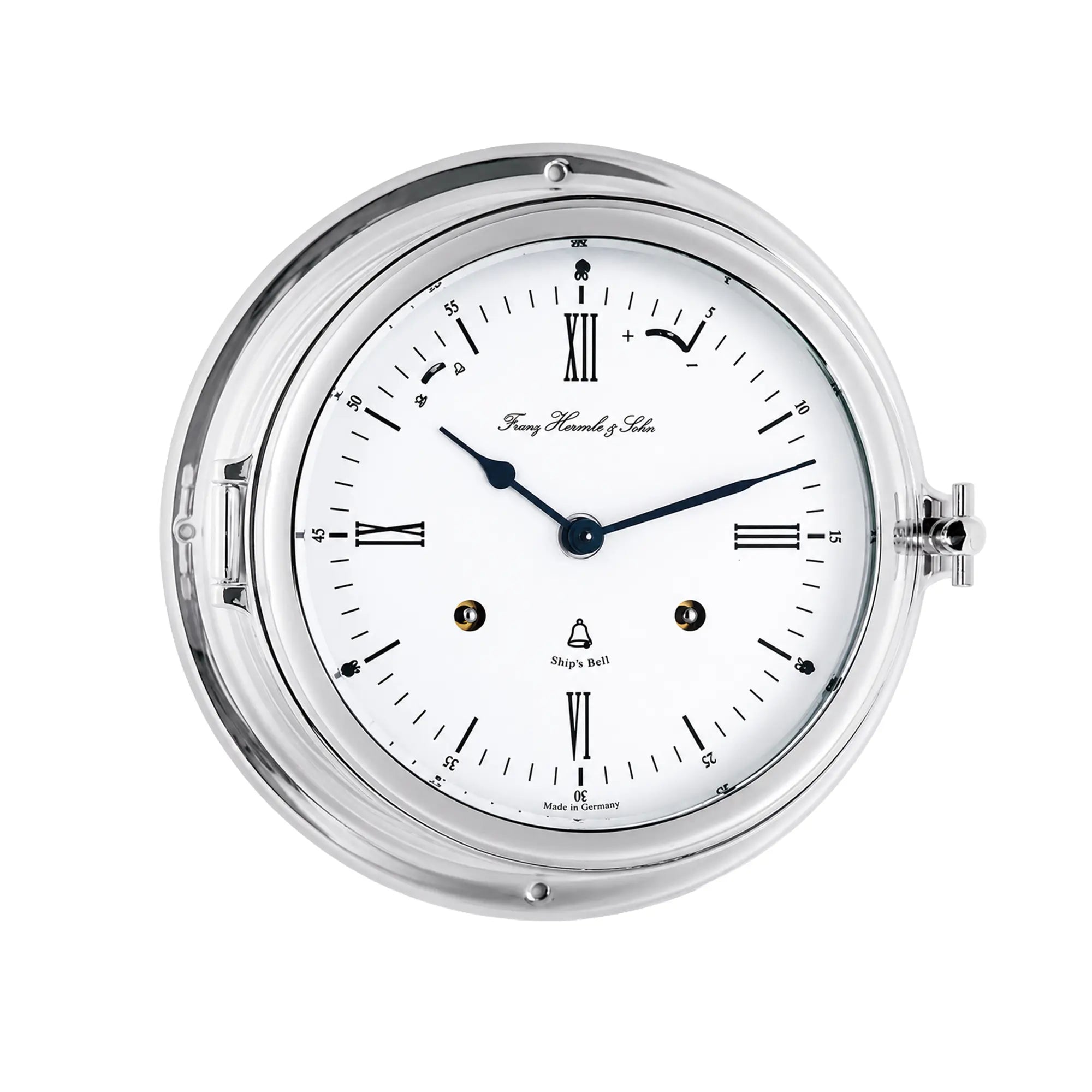 Orologio da tavolo analogico rotondo con quadrante bianco, numeri romani, lancette blu