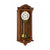 Orologio da parete in legno con quadrante e pendolo in vetro, dettagli decorativi color oro.