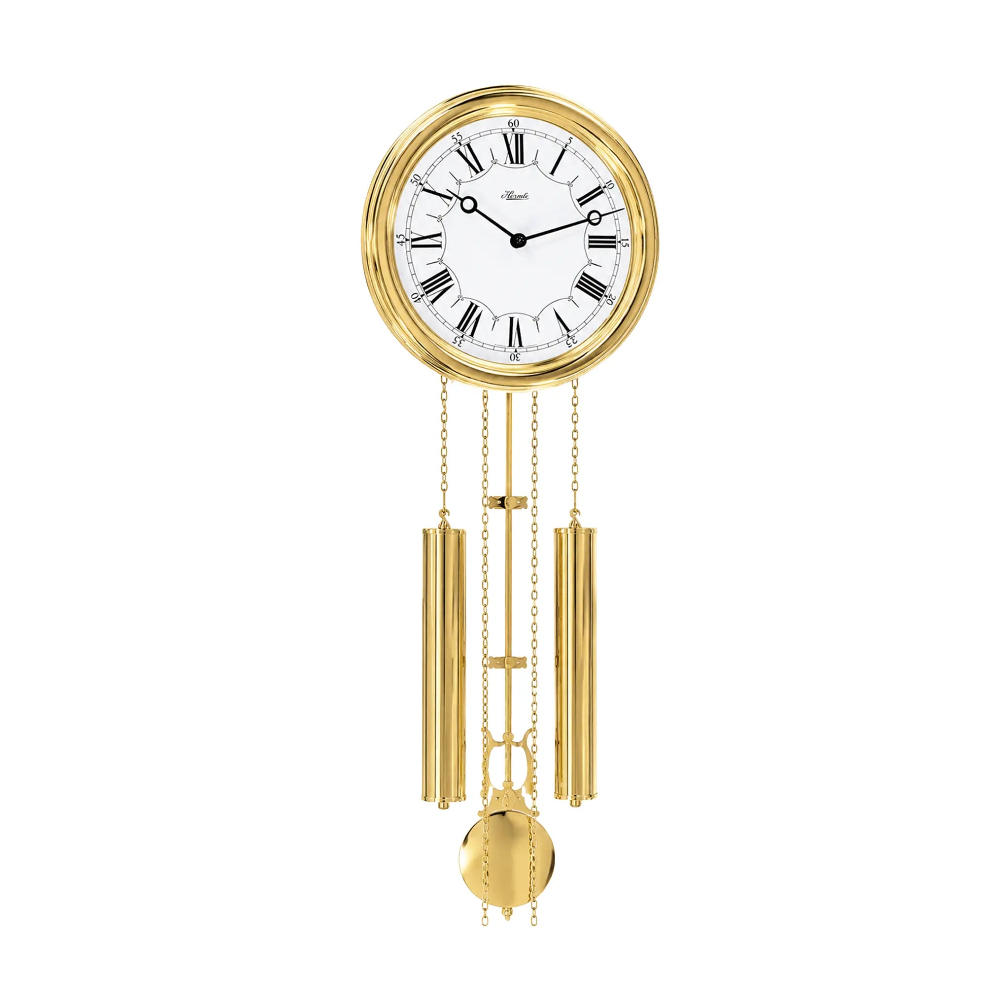 Orologio da parete in ottone con quadrante rotondo e pendolo a catena dorata, numeri romani