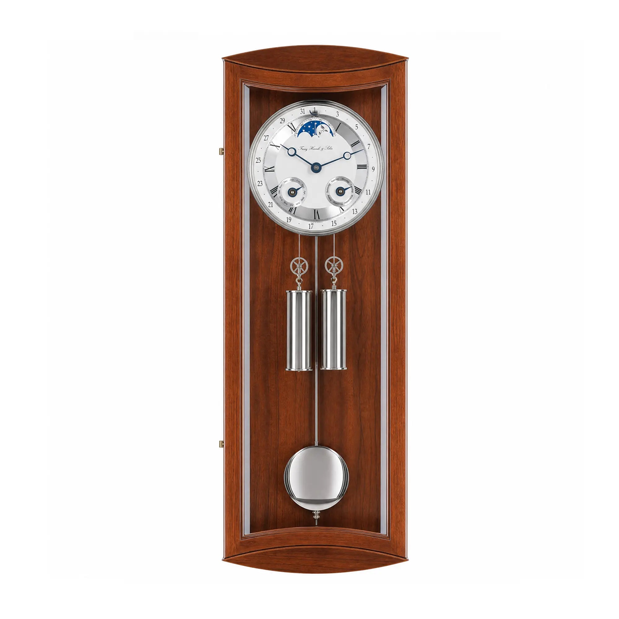 Orologio da parete in legno con quadrante rotondo e pendolo in cornice di vetro, cassa marrone