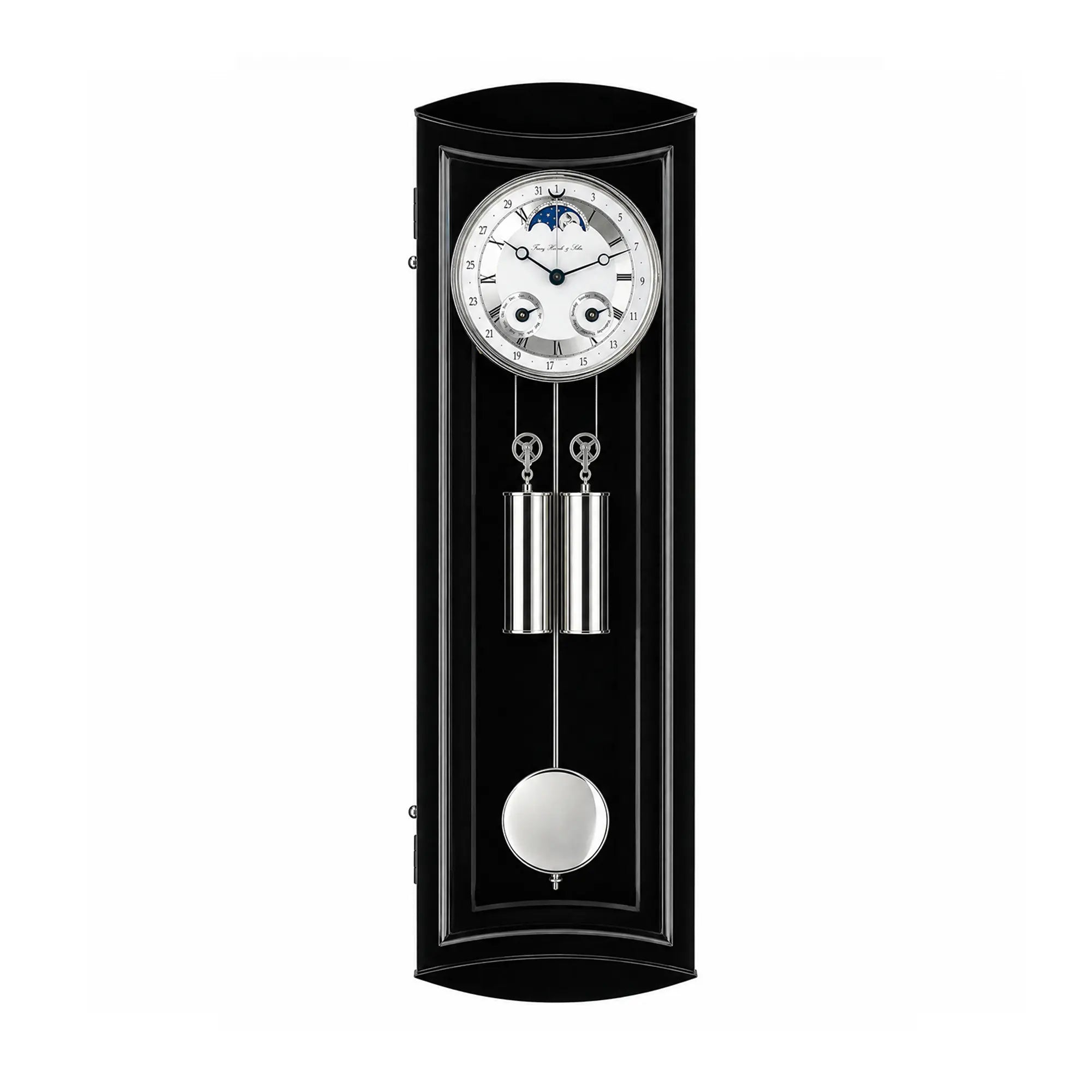 Orologio da parete con cassa nera, quadrante bianco e dettaglio a pendolo