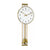 Orologio da parete con cassa rotonda color oro, quadrante bianco e aste dorate del pendolo.