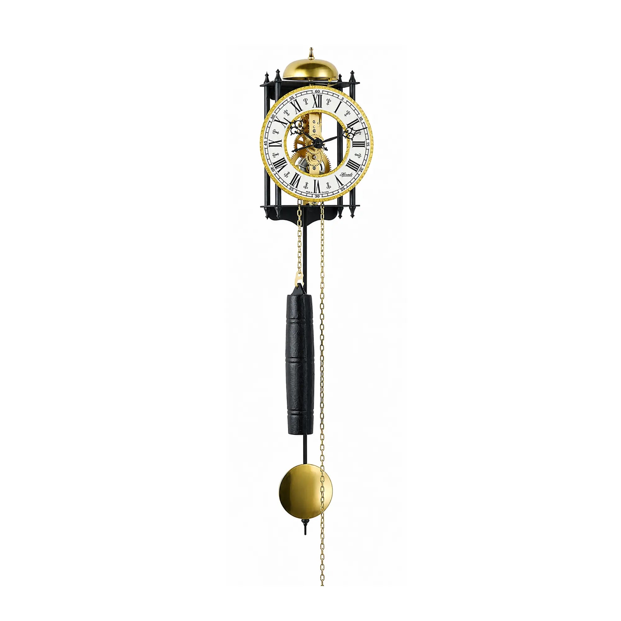 Orologio da parete con quadrante dorato, pendolo nero e catena sul quadrante