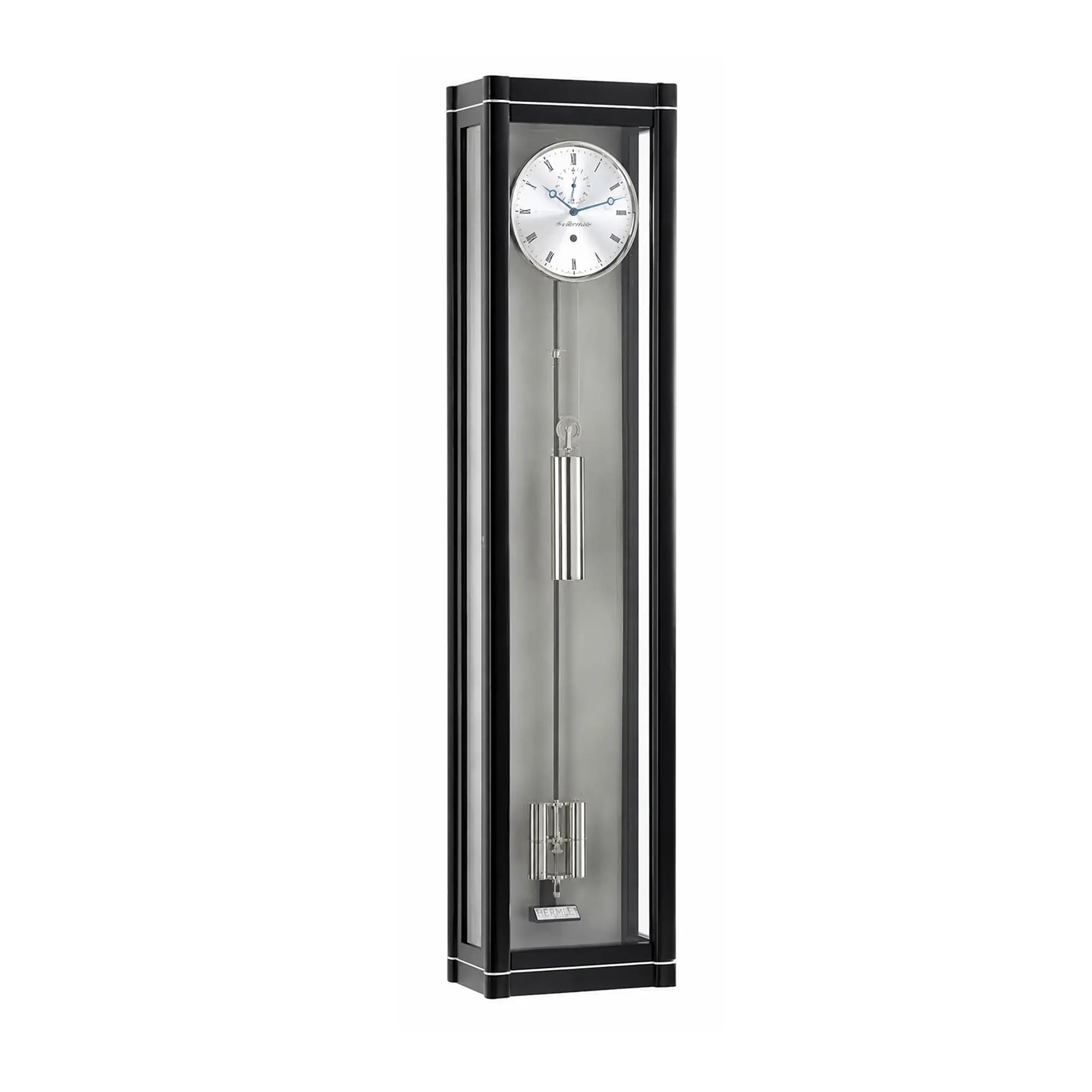 Orologio da parete con cornice nera, quadrante rotondo e pendolo a vista