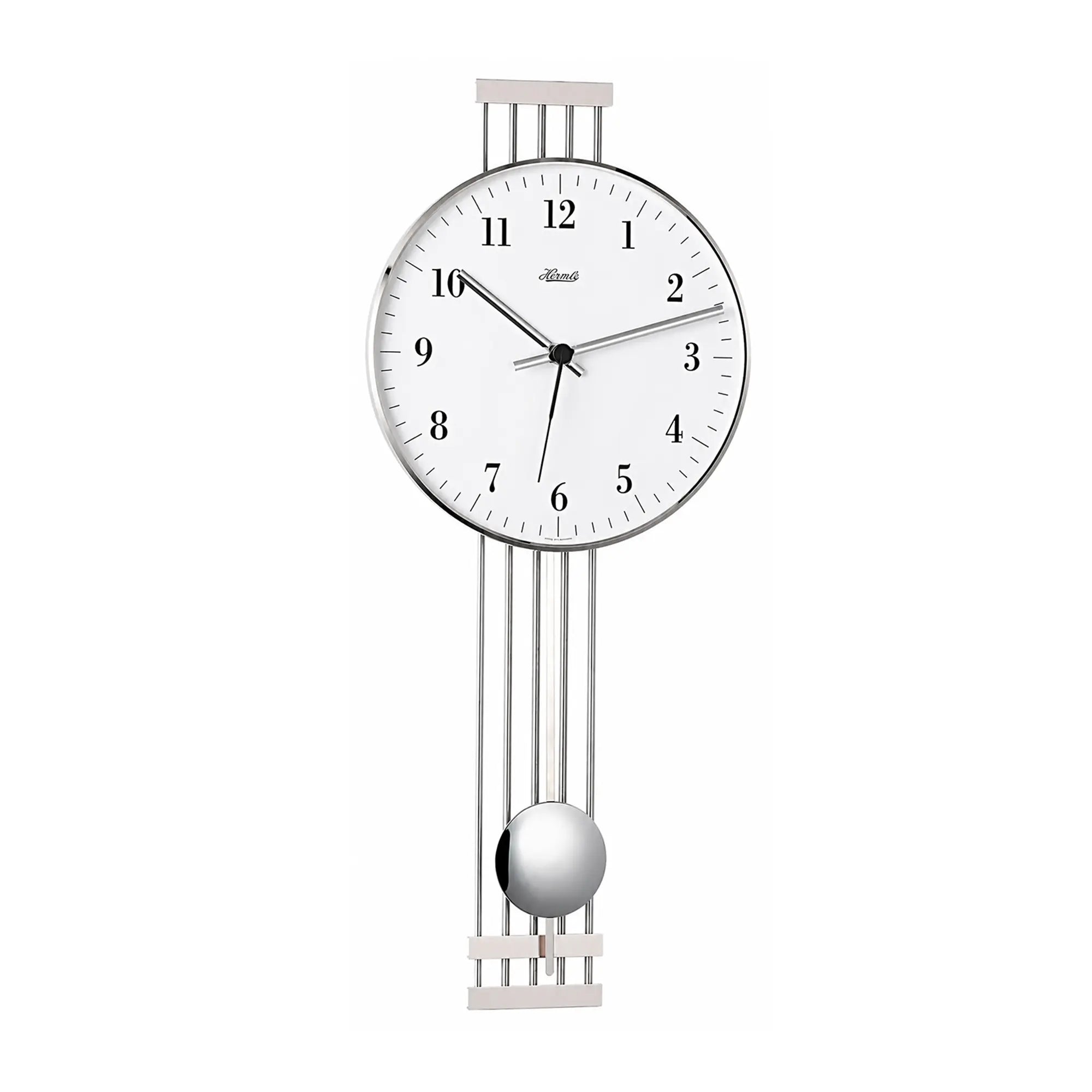 Orologio da parete con quadrante rotondo, cornice in metallo argentato e aste del pendolo verticali