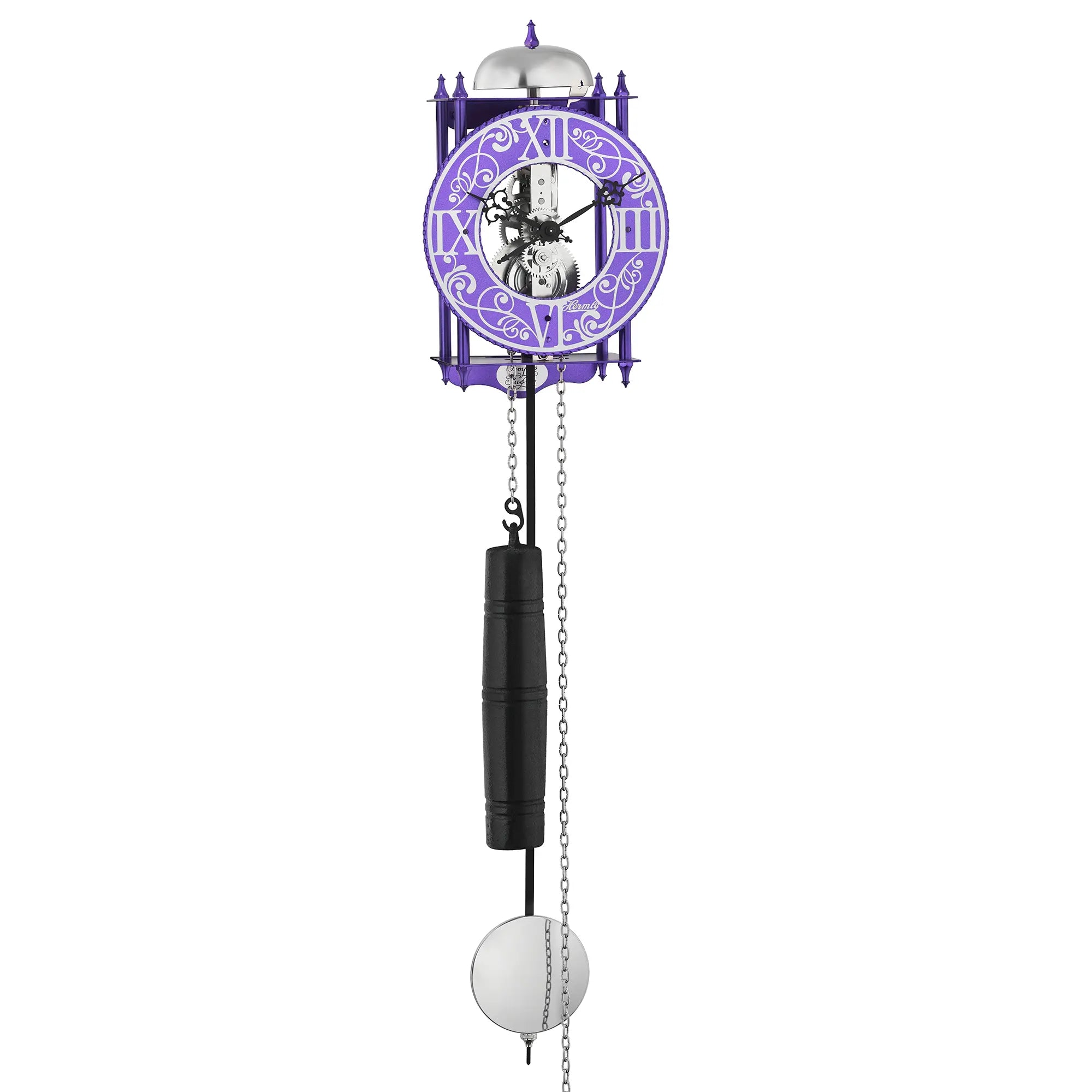 Orologio da parete con meccanismo a vista, quadrante viola e pendolo a catena