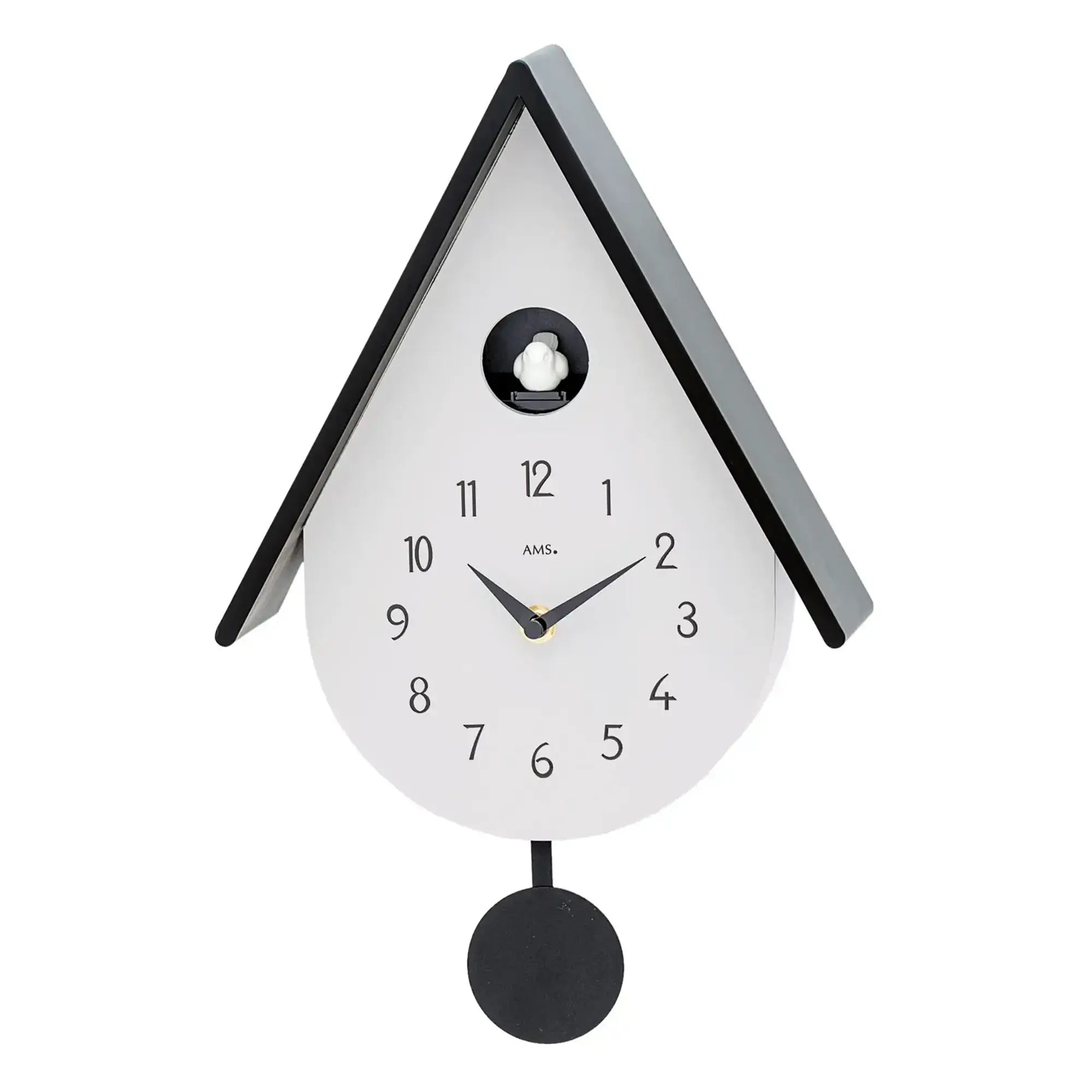 Orologio da parete AMS a forma di goccia, cassa grigio chiaro, cornice nera, motivo a cucù
