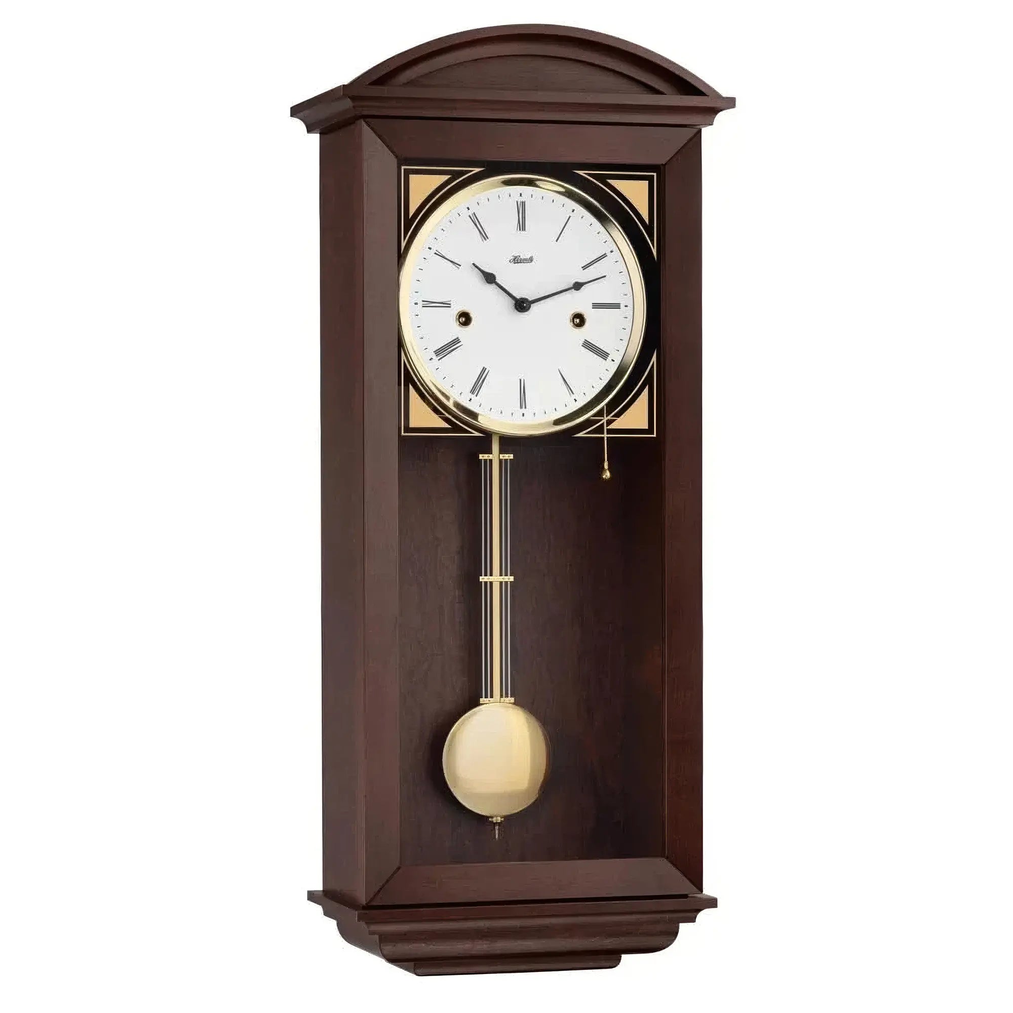 Orologio da parete in legno con quadrante bianco, numeri romani e pendolo color oro