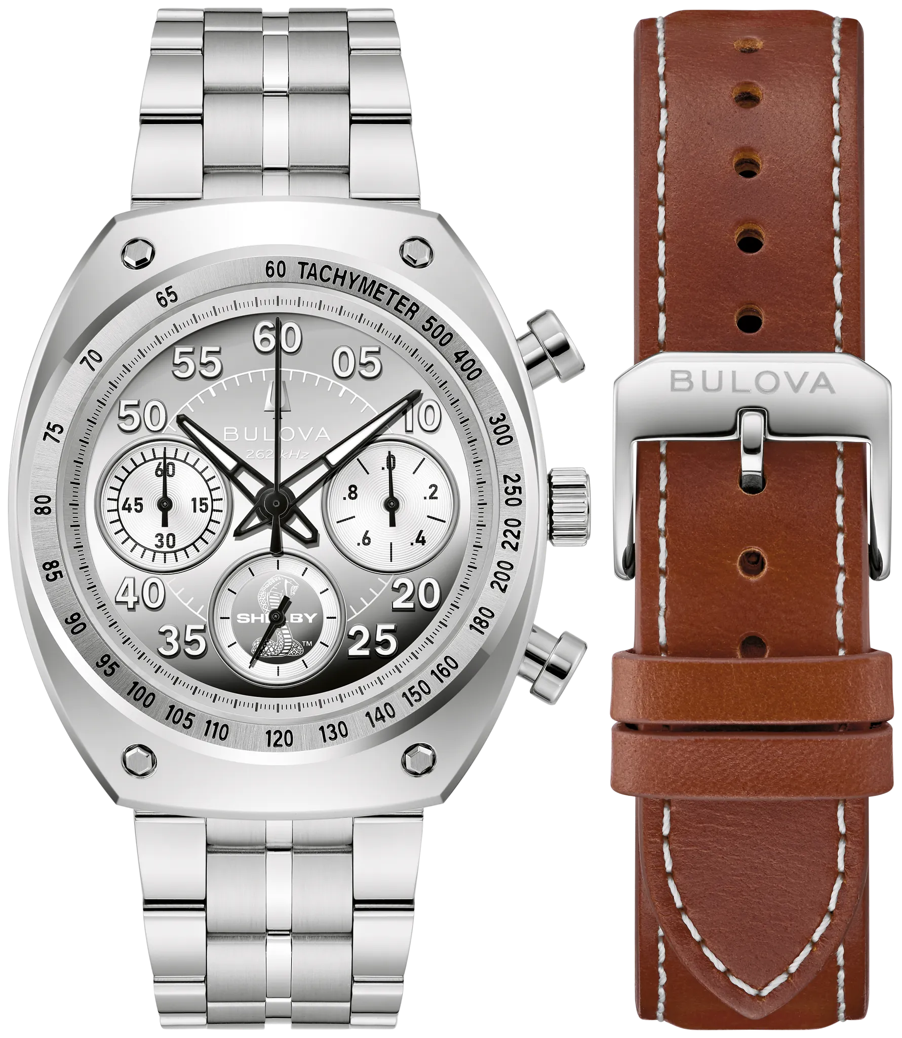 Herrenuhr: silbernes Edelstahlband, braunes Lederarmband, Chronograph mit Tachymeter