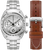Herrenuhr: silbernes Edelstahlband, braunes Lederarmband, Chronograph mit Tachymeter