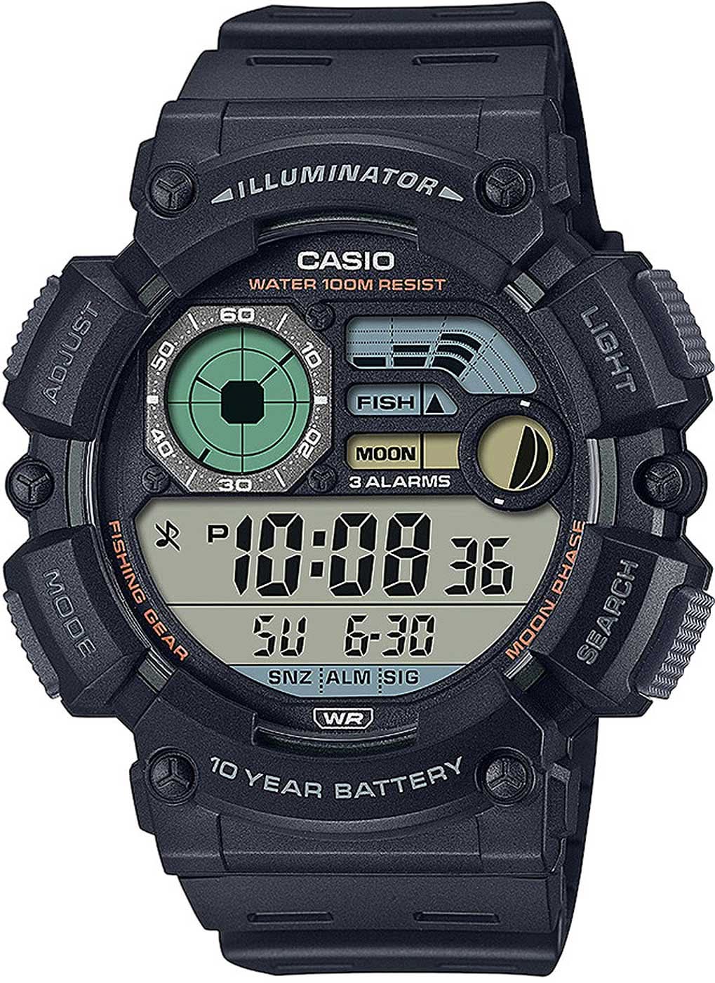 Orologio da uomo Casio con display digitale, cassa nera, illuminazione verde, 100 m.