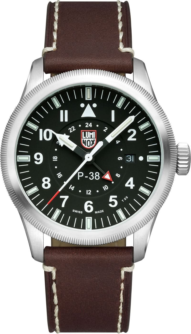 Orologio da uomo con cinturino in pelle marrone scuro, quadrante nero e indici luminescenti