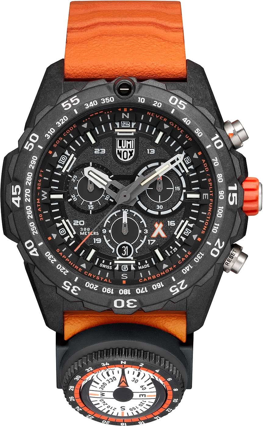 Orologio da uomo con cassa nera, cinturino arancione e quadrante cronografico