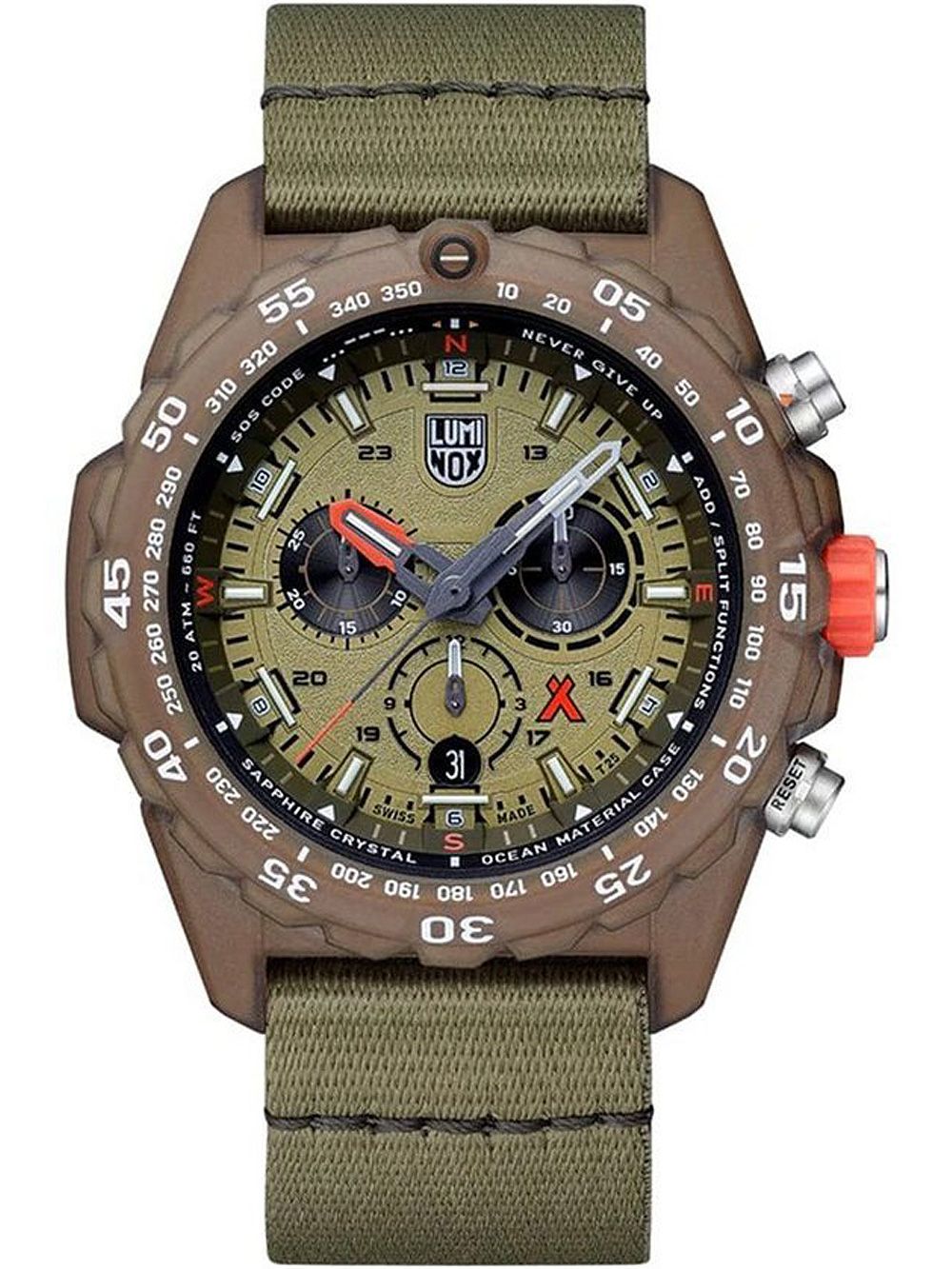 Zegarek męski Luminox Bear Grylls, zielony pasek z tkaniny, detale chronografu na tarczy
