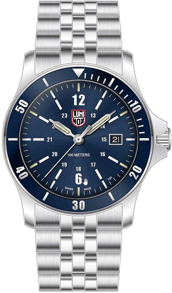 Orologio da uomo con quadrante blu, bracciale in metallo argentato e datario
