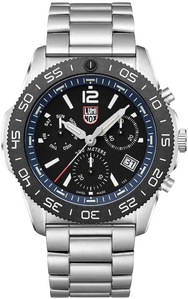Orologio subacqueo con bracciale in acciaio inossidabile, quadrante nero, indici luminescenti, datario 31
