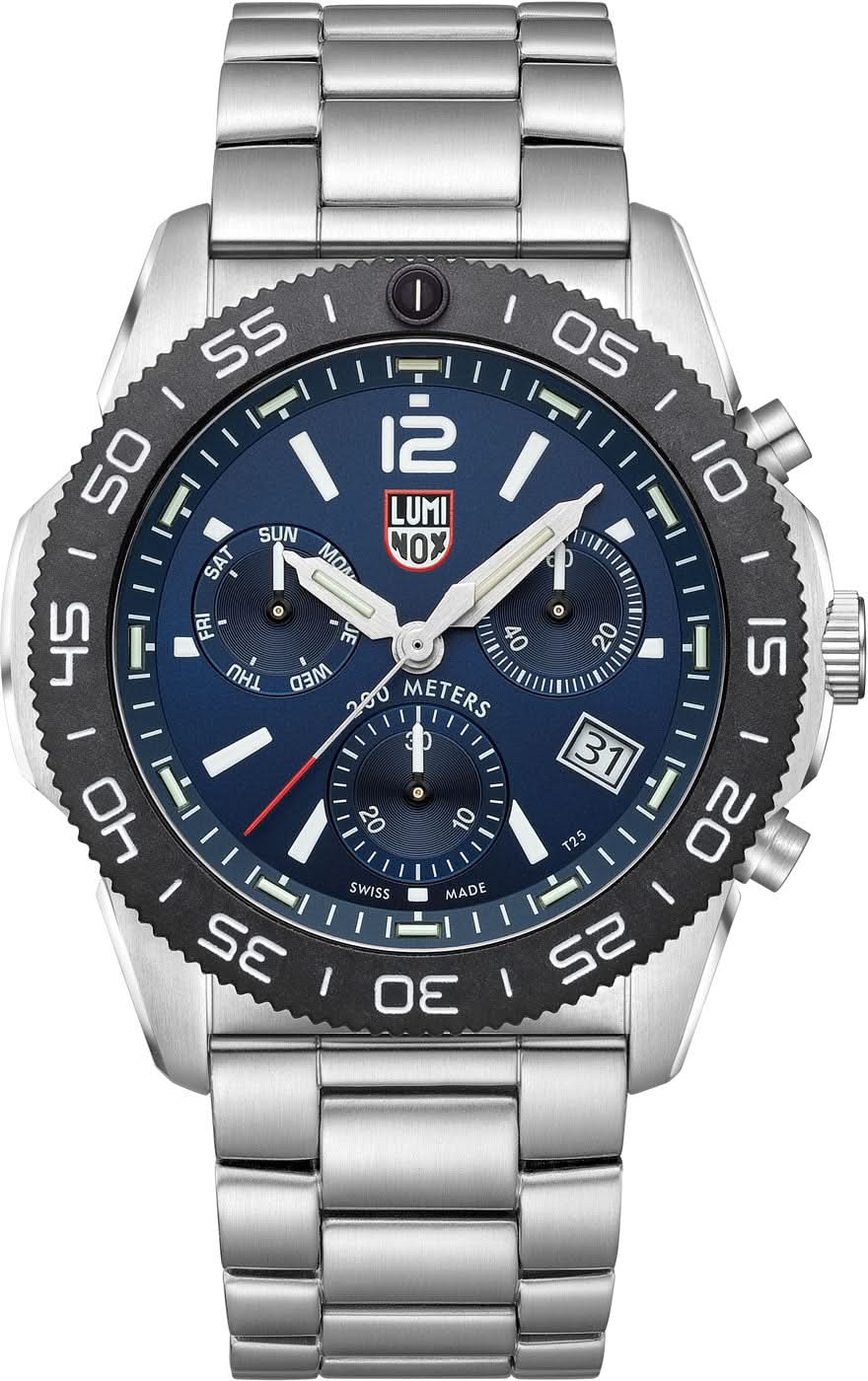 Herrenarmbanduhr mit Edelstahlarmband, blauem Zifferblatt und Chronographen-Design