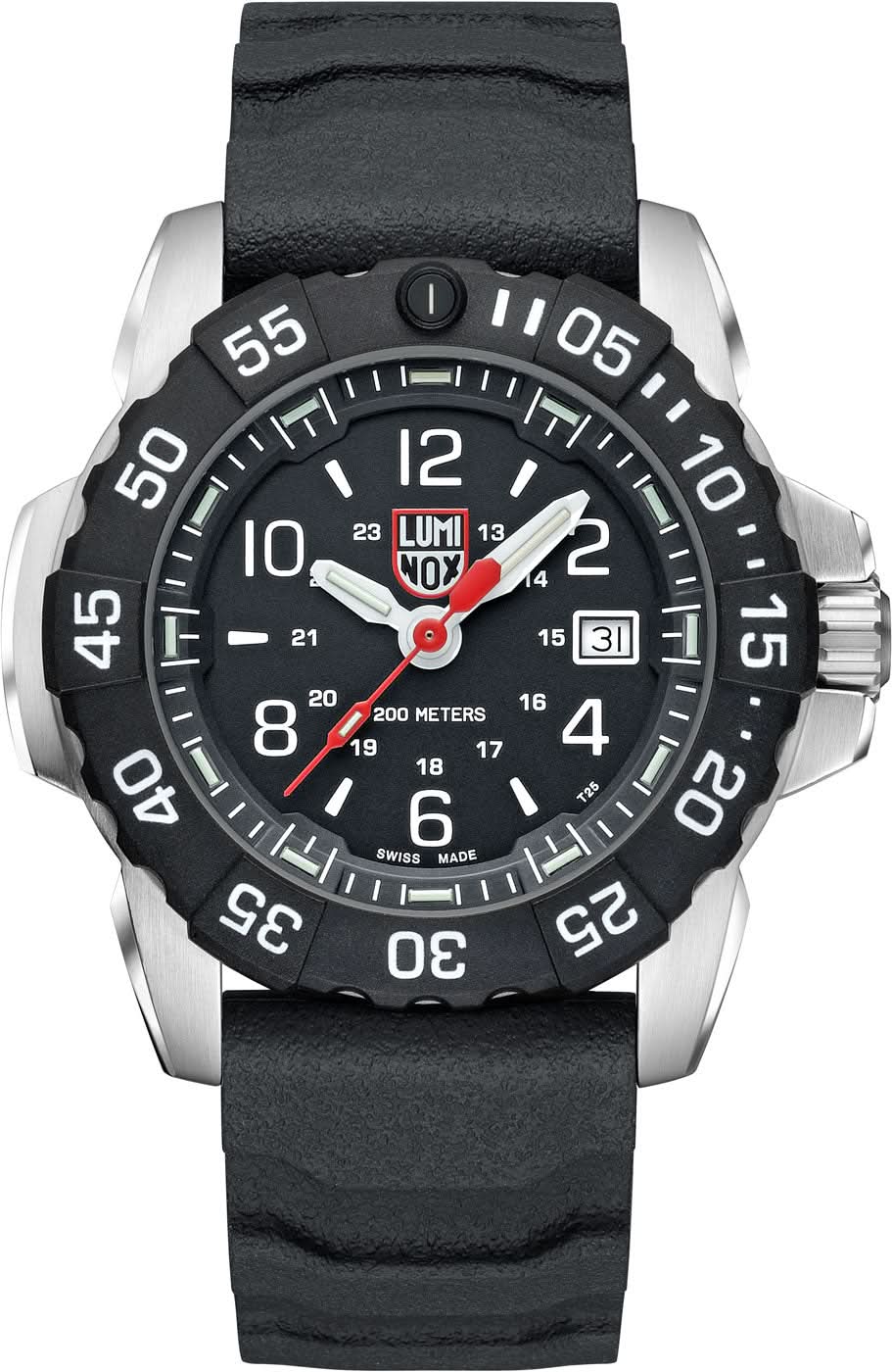 Orologio da uomo con cinturino in gomma nero, quadrante nero e lancetta dei secondi rossa.