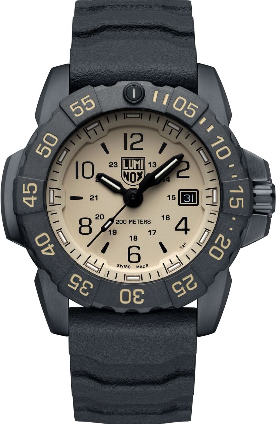 Orologio da uomo con cassa nera, quadrante beige e cinturino in caucciù nero