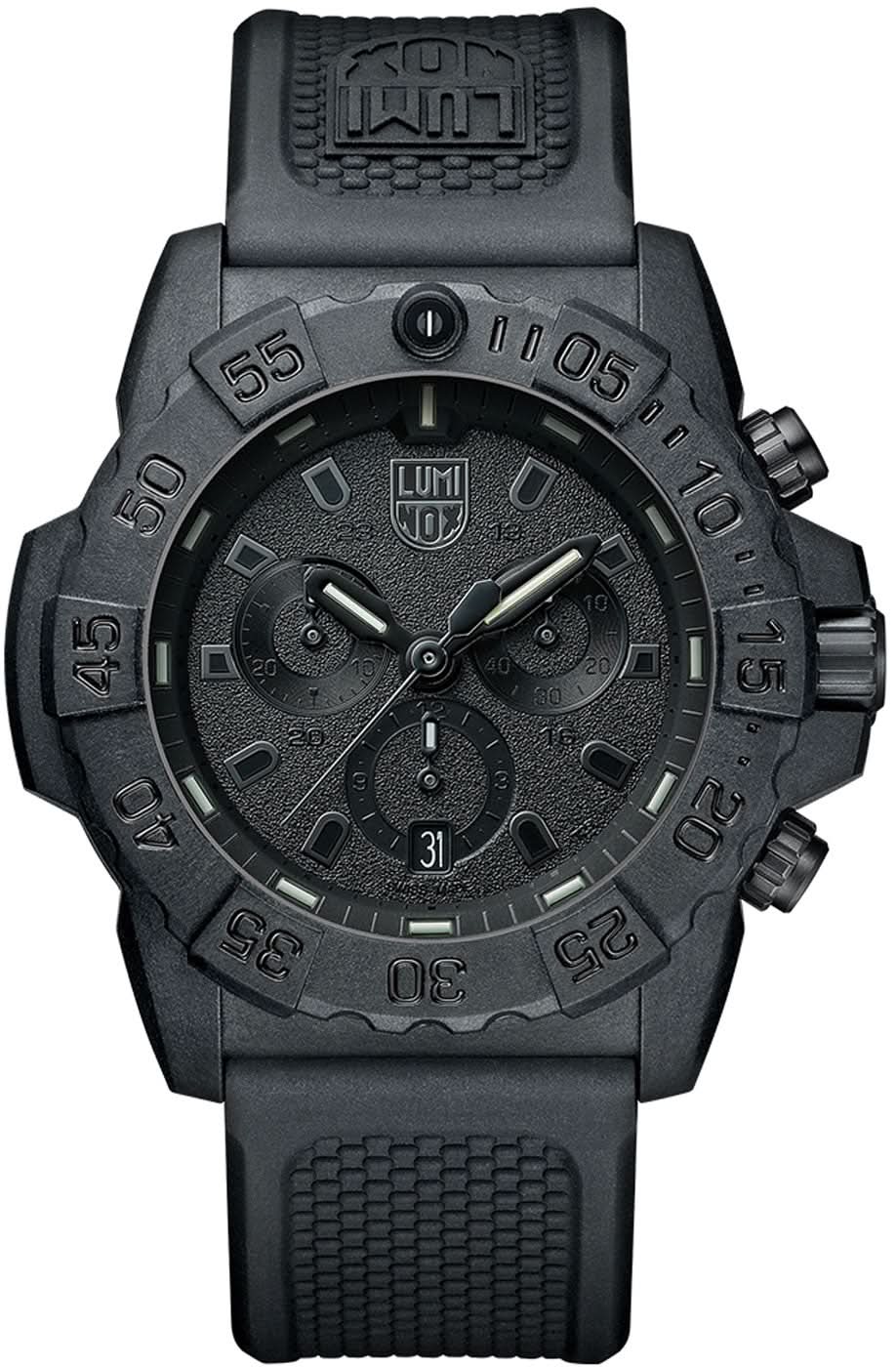 Herrenchronograph mit schwarzem Zifferblatt, Carbonox-Gehäuse und Kautschukarmband