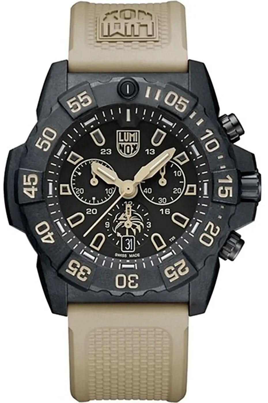 Herrenarmbanduhr mit beigem Band, schwarzem Zifferblatt und Leuchtmarkierungen, Chronographen-Layout