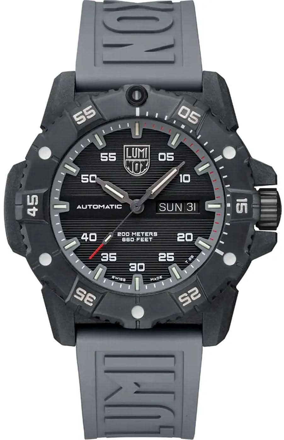 Orologio sportivo da uomo con quadrante nero e cinturino in silicone grigio, automatico.