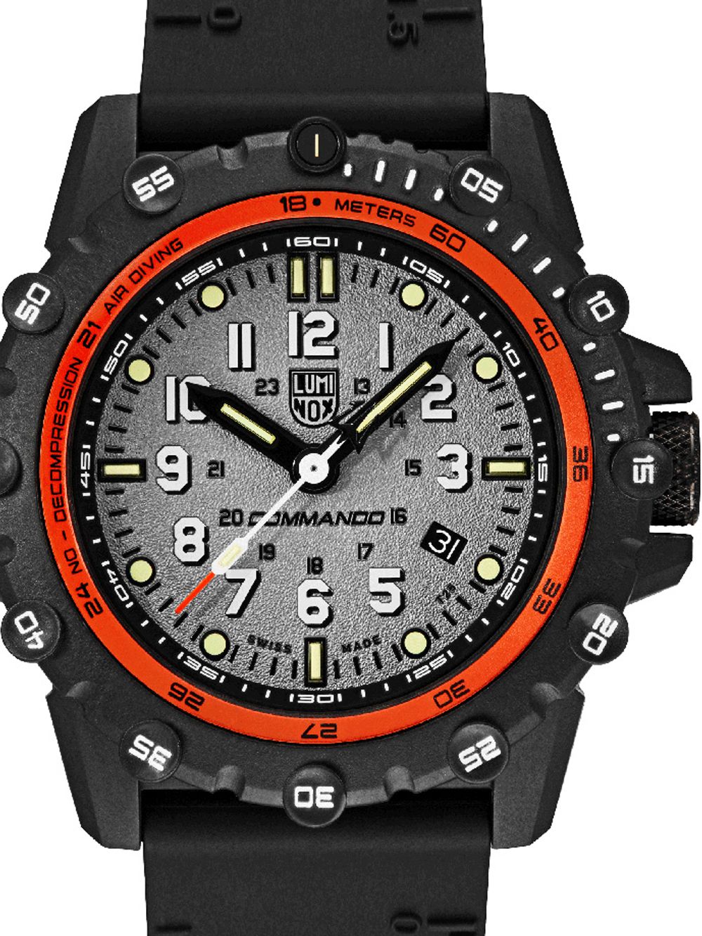Herrenuhr mit grauem Zifferblatt, schwarzem Armband und orangefarbener Lünette