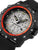 Herrenuhr mit grauem Zifferblatt, schwarzem Armband und orange/roter Tauchlünette