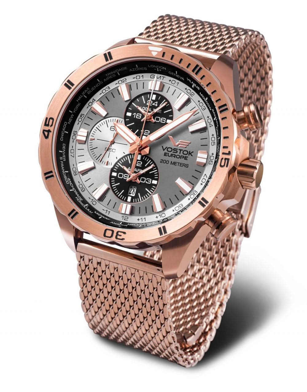 Orologio da uomo con bracciale in metallo color oro rosa, quadrante bianco e sotto-quadranti cronografici