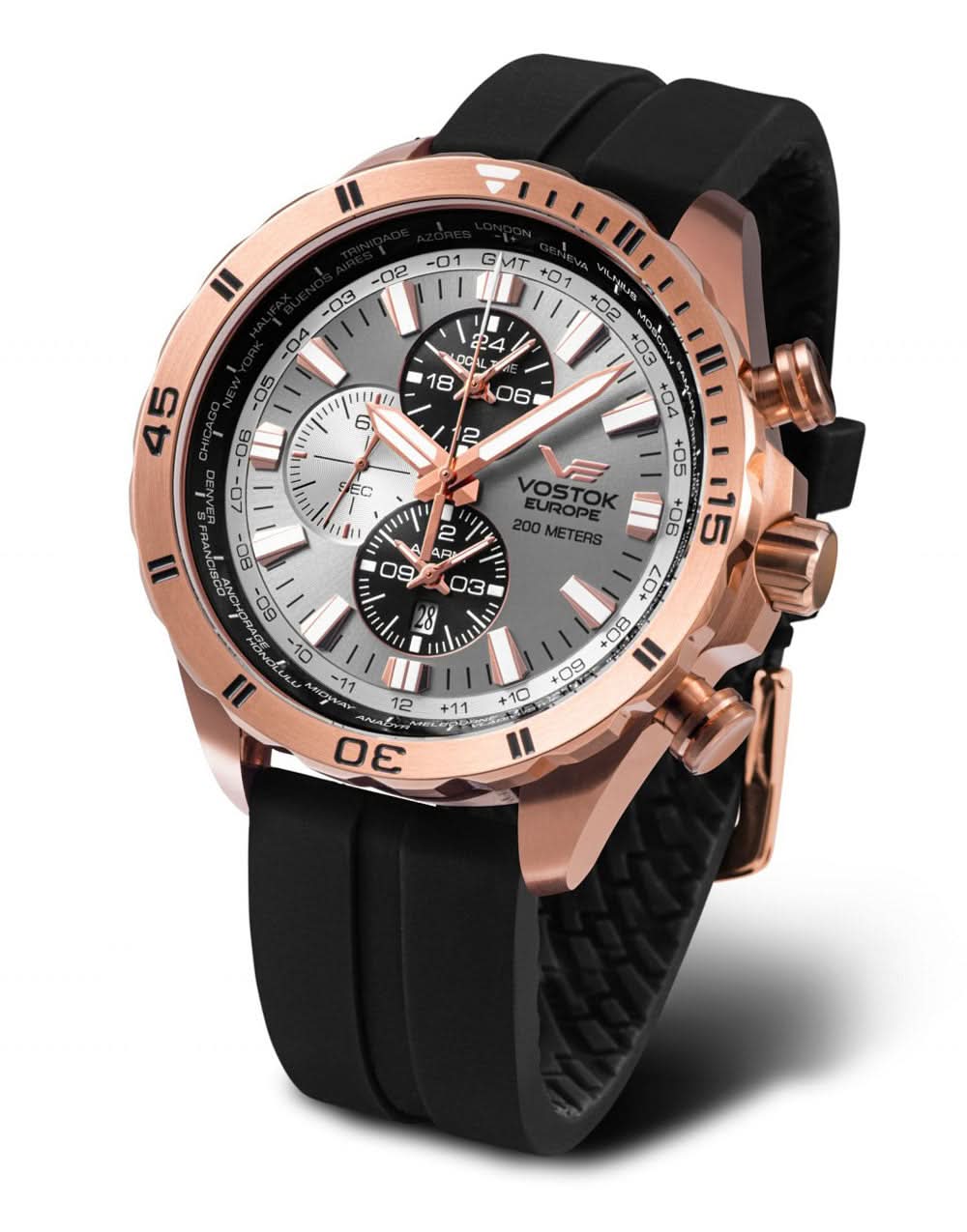 Orologio da uomo Vostok Europe Almaz con lunetta color oro rosa e cinturino in silicone nero