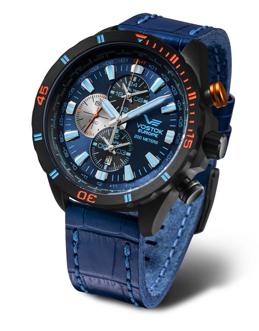 Orologio da uomo con cinturino in pelle blu, quadrante blu e display cronografo