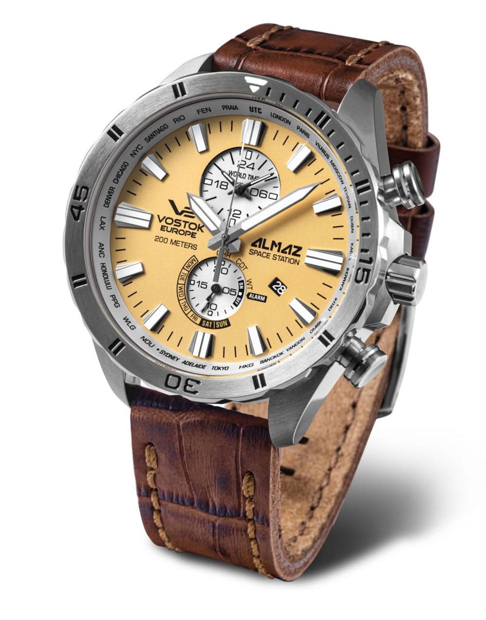 Orologio da uomo Almaz YM8J con cinturino in pelle marrone, cassa argentata e quadrante beige