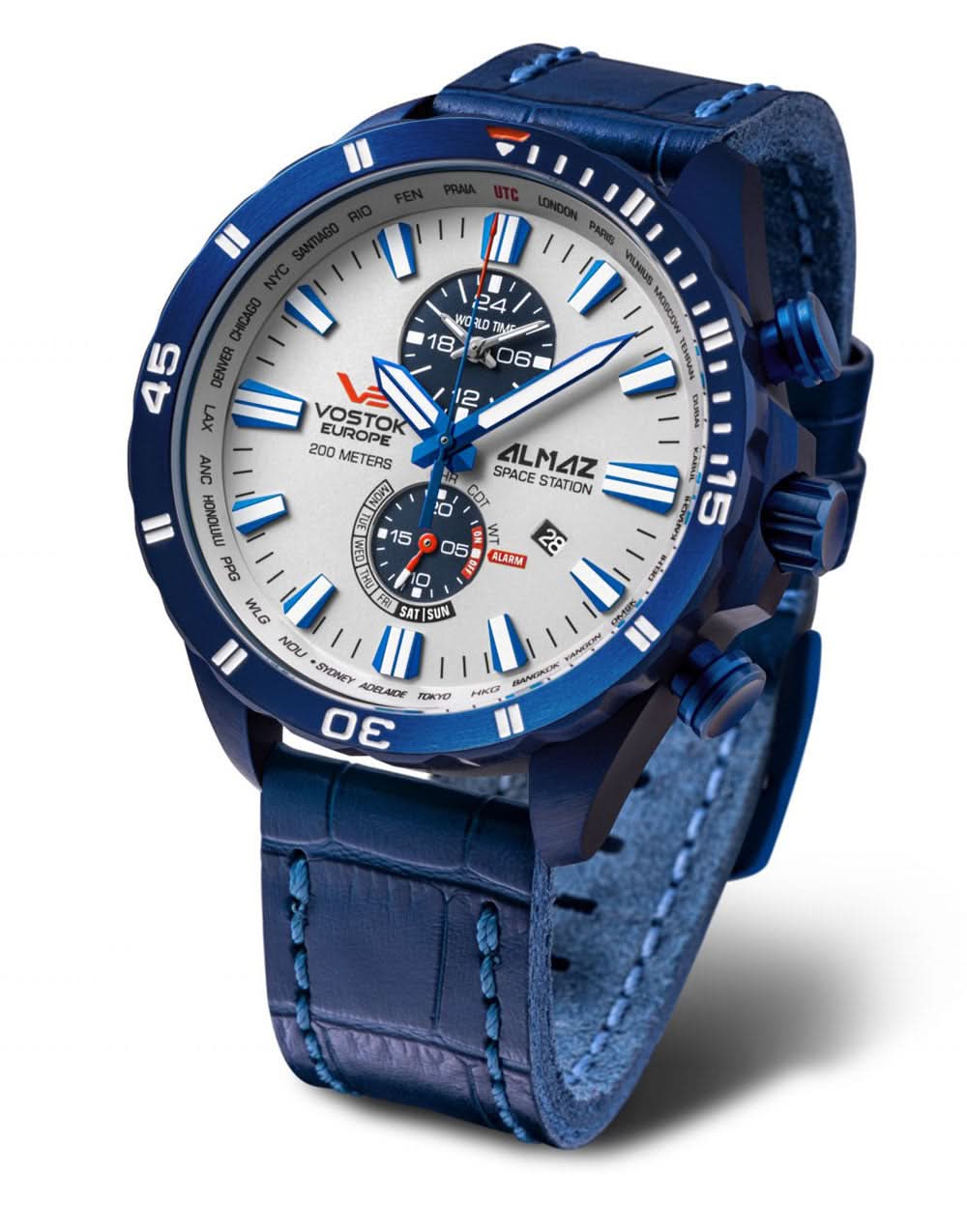 Orologio da uomo blu con cinturino in pelle e quadrante bianco, cassa rotonda