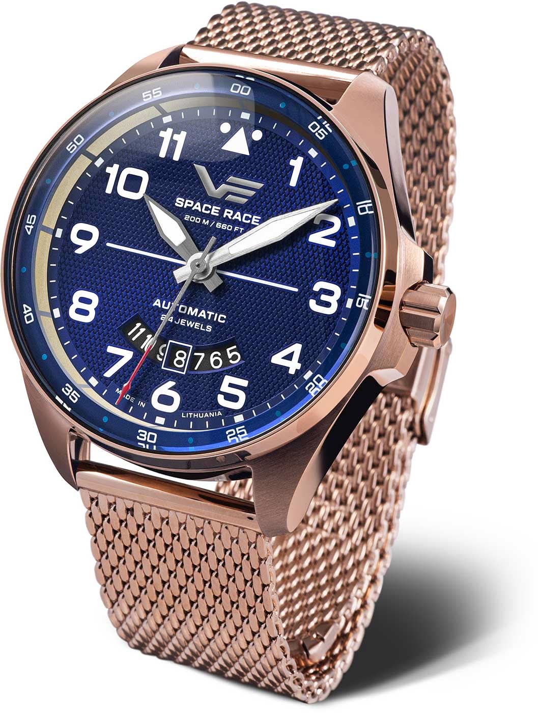 Orologio da uomo: quadrante blu, cinturino in maglia color oro rosa