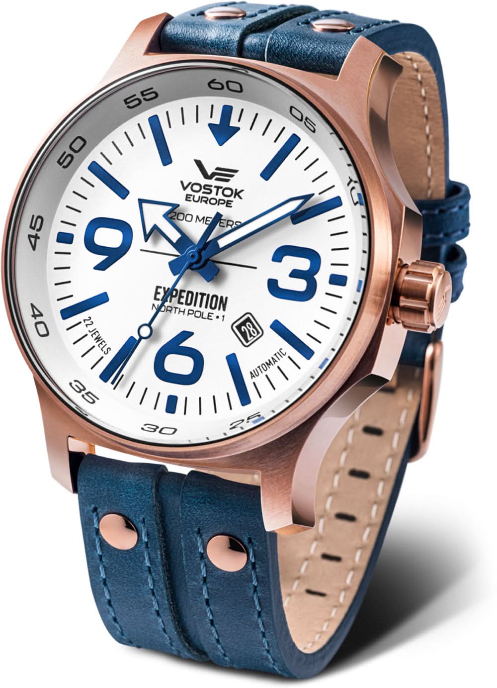 Orologio da uomo con quadrante bianco, anello con accenti blu e cinturino in pelle blu, lunetta color oro rosa