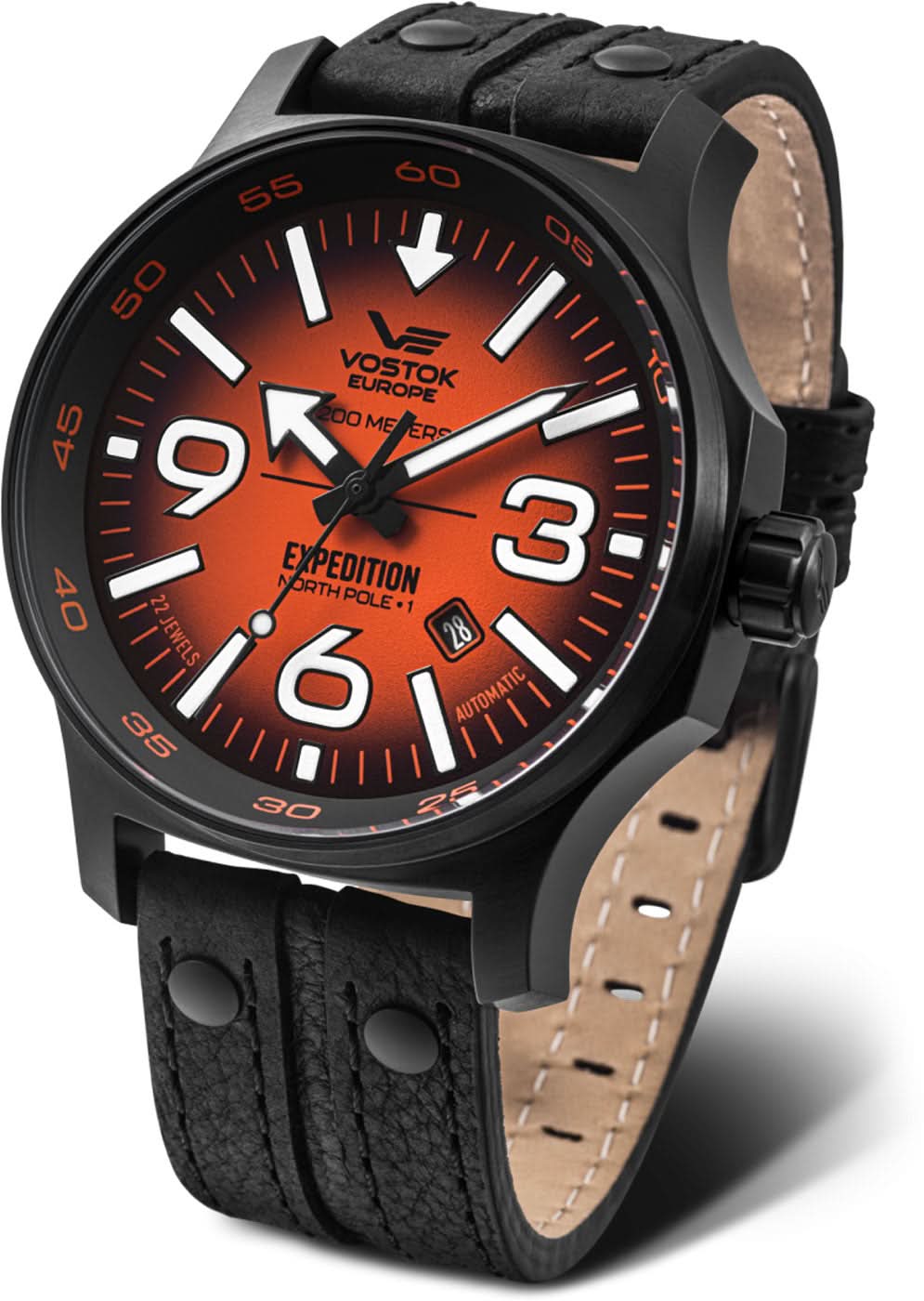 Orologio da uomo: cinturino in pelle nera, quadrante nero con indici rossi