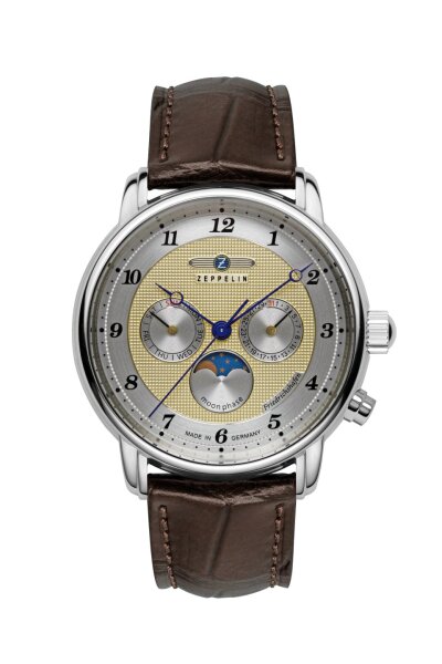 Zeppelin Herrenuhr Modell: 8536-5 mit Gold/Silberfarbenem Zifferblatt und Lederarmband