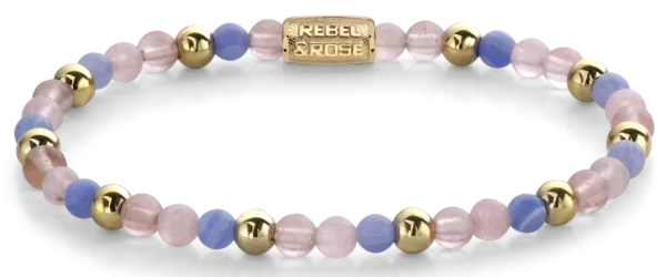 Bracciale in pietre preziose viola, rosa e oro con chiusura in acciaio inossidabile - Modello Rebel&Rose: RR-40056-G-S