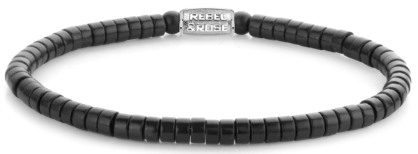 Bracciale nero in pietra nera a forma di disco con chiusura in acciaio inossidabile - Modello Rebel&Rose: RR-40073-S-L