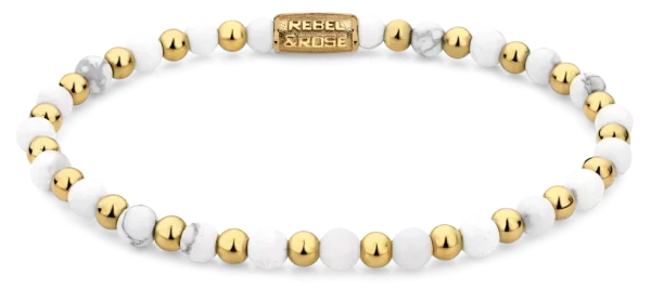Bracciale in Howlite da 4 mm e pietre color oro con chiusura in acciaio inossidabile - Modello Rebel&Rose: RR-40113-G-S
