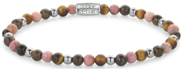 Bracciale con perle di 4 mm (ematite, occhio di tigre, rodocrosite e bronzo) con chiusura in acciaio inox - Modello Rebel&Rose: RR-40128-S-S