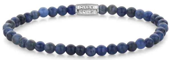 Bracciale in pietre preziose di sodalite da 4 mm con chiusura in acciaio inossidabile - Modello Rebel&Rose: RR-40130-S-S