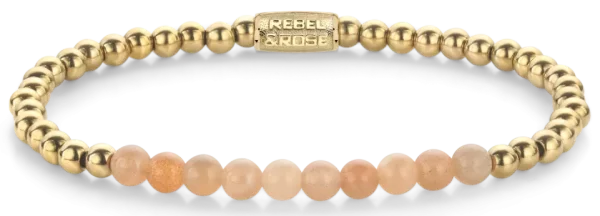 Bracciale con perle di pietra di sole vere da 4 mm, grandi pietre di acciaio placcato in oro da 4 mm e chiusura in acciaio inossidabile - Modello Rebel&Rose: RR-40139-G-M