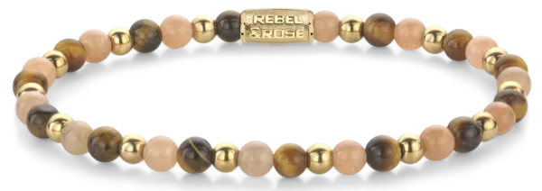 Bracciale in pietre da 4 mm (occhio di tigre, pietra di sole, pietre color oro) con chiusura in acciaio inossidabile - Modello Rebel&Rose: RR-40140-G-S