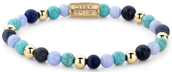 Bracciale in pietre di Sodalite, Turchese e Calcedonio Blu da 6 mm con chiusura in acciaio inossidabile e pietre color oro - Modello Rebel&Rose: RR-60043-G-S