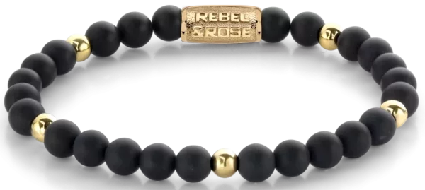 Bracciale in pietre nere e dorate da 6 mm con chiusura in acciaio inossidabile - modello Rebel&Rose: RR-60078-G-M