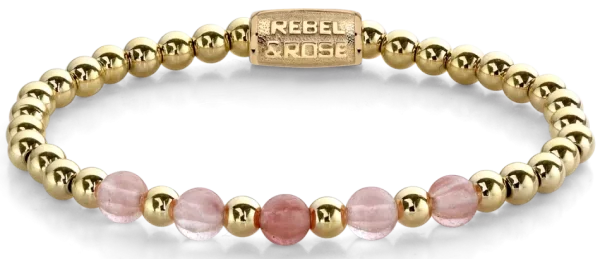 Bracciale in pietre rosa e dorate da 6 mm con chiusura in acciaio inossidabile - Modello Rebel&Rose: RR-60081-G-M.