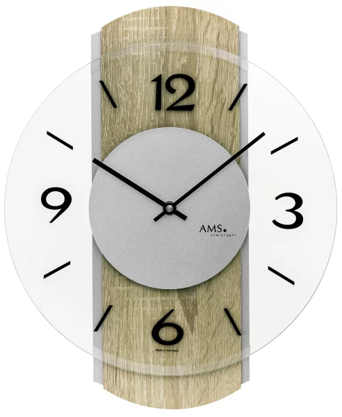 Orologio da parete AMS Quarzo 9706 - Cassa in legno Sonoma con inserti in alluminio.